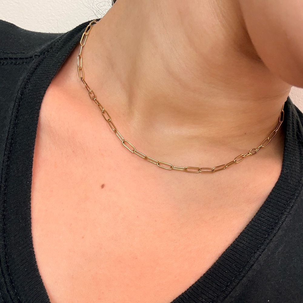 Gold Paper Clip Chain Necklace | 16” Stainless Steel - Picture 2 of 5